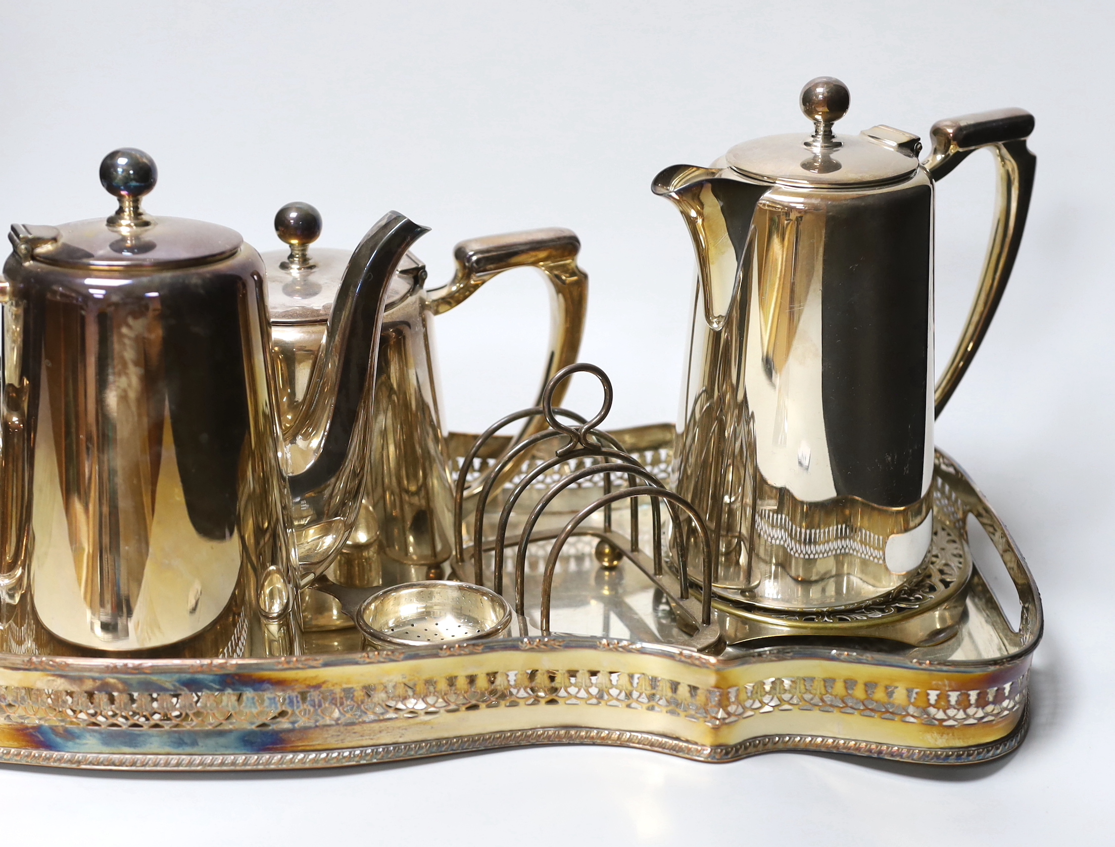 An Ellkington’s sweet meat dish and other plated wares including a an early 20th century tray, 61cm long